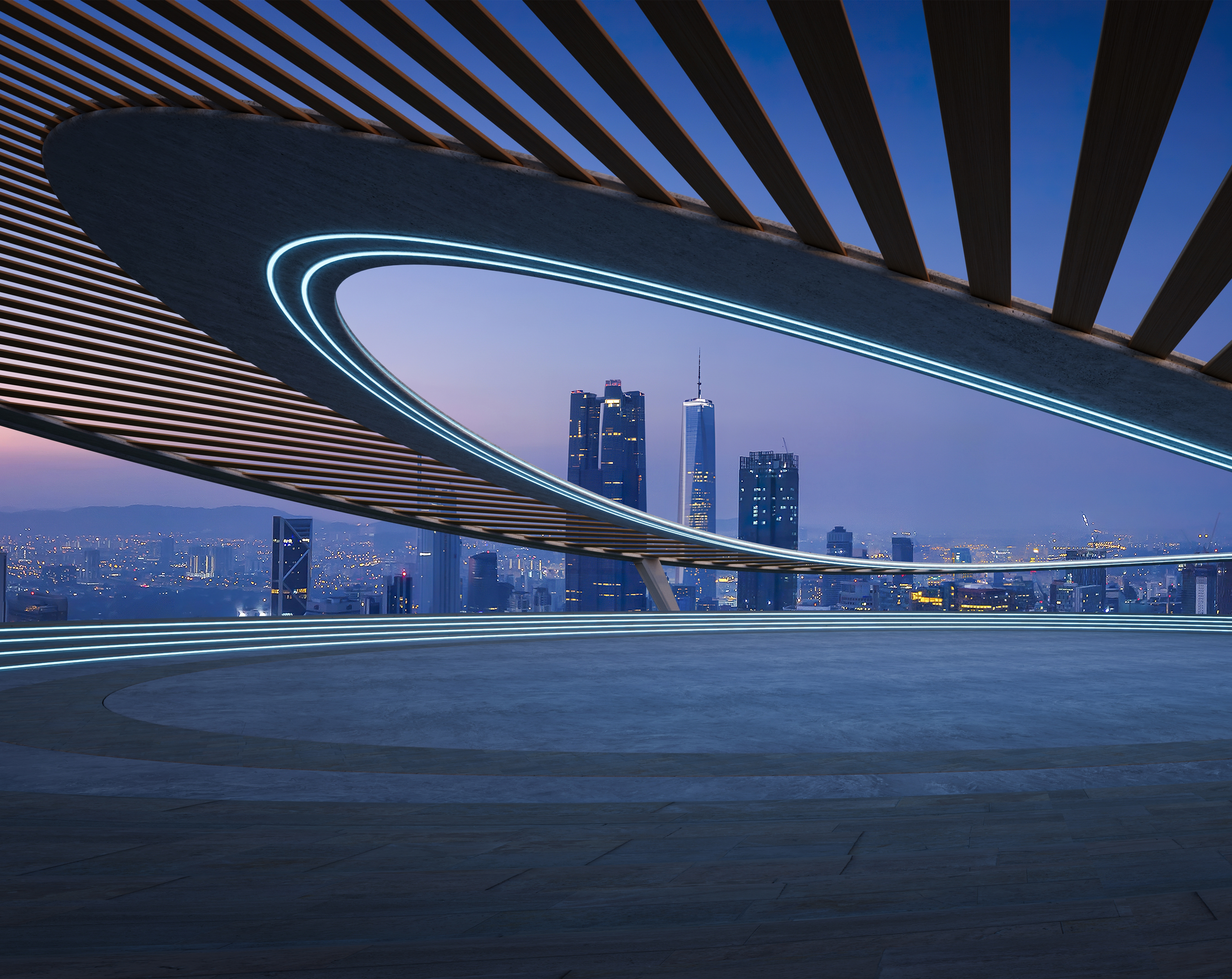 tetto panoramico con vista su una città all'alba