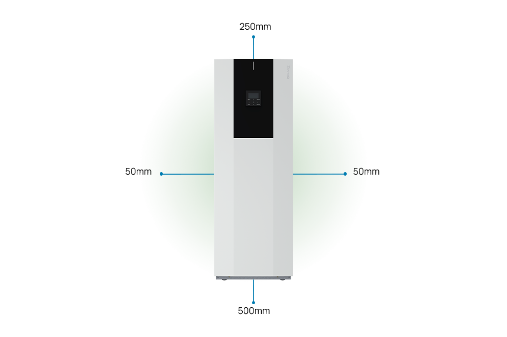 Distanze da mantenere unità interna 50millimetri laterale, 500 millimetri frontale, 250millimetri sopra.