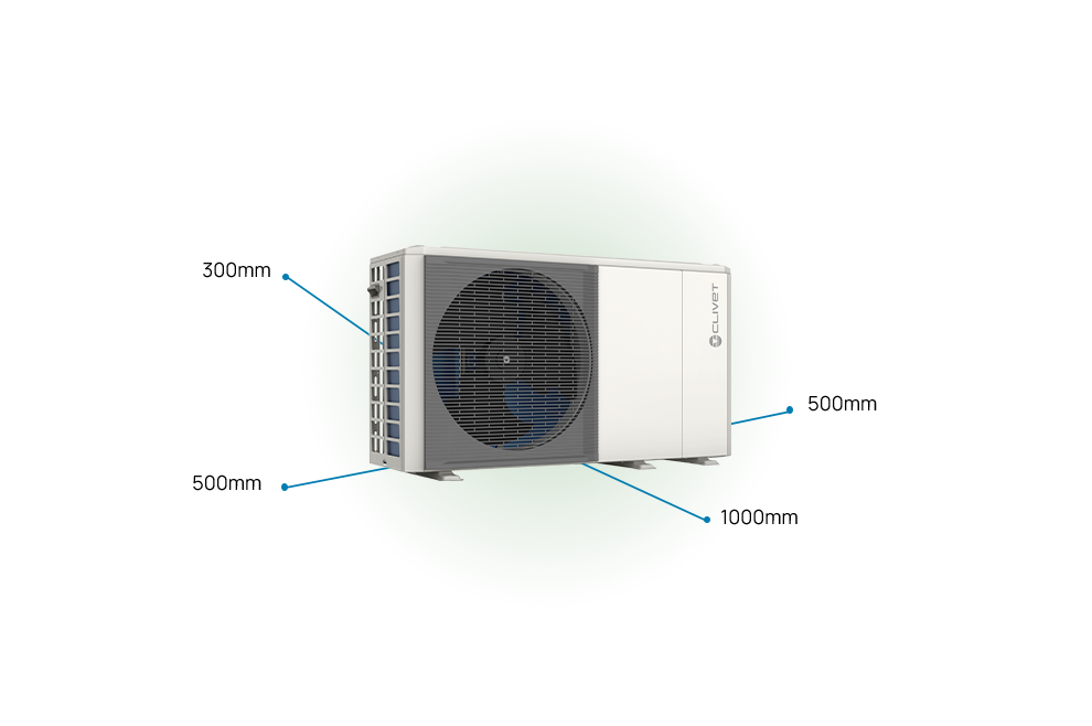 EDGE EVO 2.0 - EXC, gli spazi necessari per l'installazione sono: 500 millimetri da ambo i lati, 300 millimetri dal lato posteriore, 1000 millimetri frontalmente