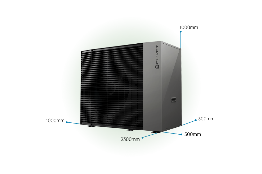 Distanze di rispetto da mantenere 500 millimetri lato sinistra, 1000 millimetri lato destro, 2300 millimetri frontalmente, 300millimetri retro e 1000 millimetri sopra