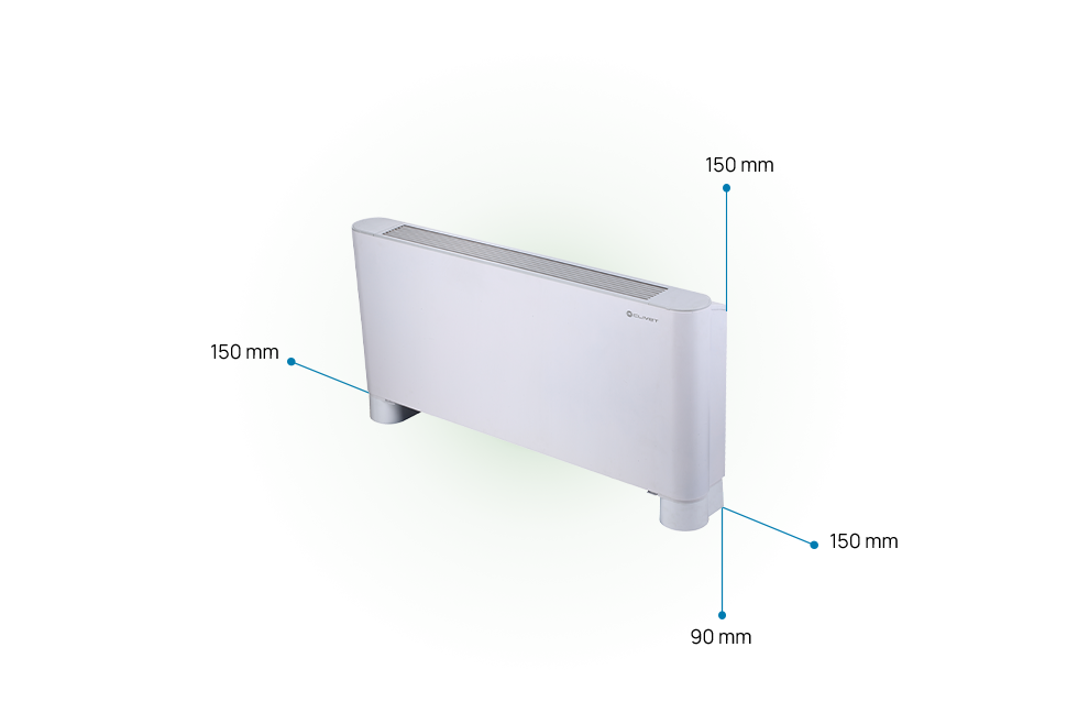 Distances à maintenir avec l’unité AURA : 150 millimètres de chaque côté, 150 millimètres au-dessus, 90 millimètres au-dessous