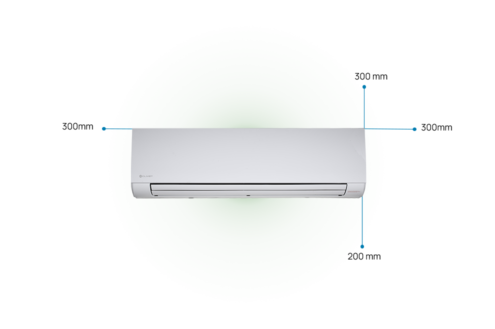 Distances à maintenir avec l’unité MOOD : 300 millimètres de chaque côté, 200 millimètres en dessous, 300 millimètres au-dessus.