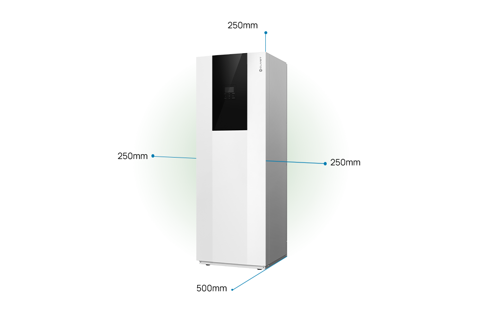 Distances à maintenir avec l’unité intérieure : 500 millimètres à l’avant, 250 millimètres de chaque côté, 250 millimètres sur le côté supérieur