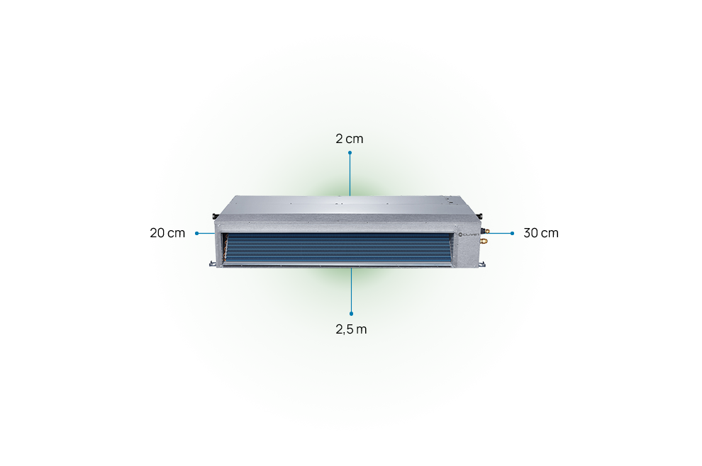 Distances de sécurité à maintenir pour DUCT 2 : 20 et 30 cm sur les côtés, 2 cm au-dessus et 2,5 mètres en dessous