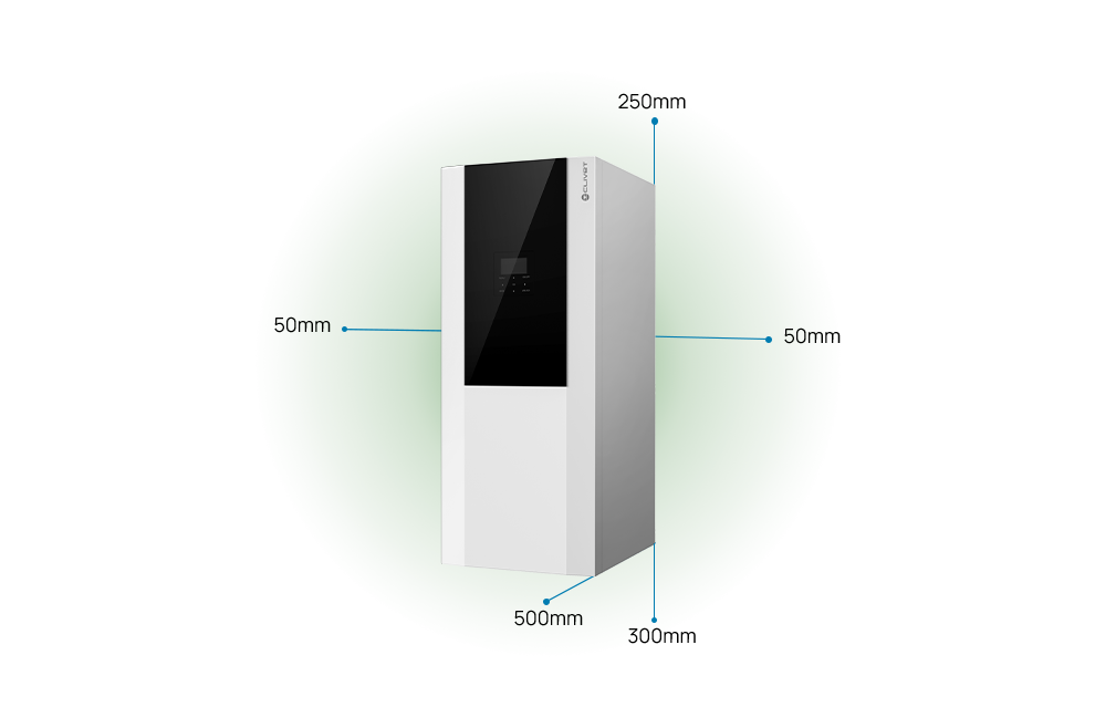 Distances de sécurité à maintenir 500 mm à l’avant, 50 mm de chaque côté, 300 mm en dessous, 250 mm au-dessus